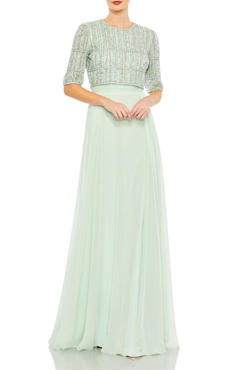 Fully Beaded 3/4 Sleeves Top Chiffon Gown
