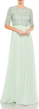 Mac Duggal Fully Beaded 3/4 Sleeves Top Chiffon Gown