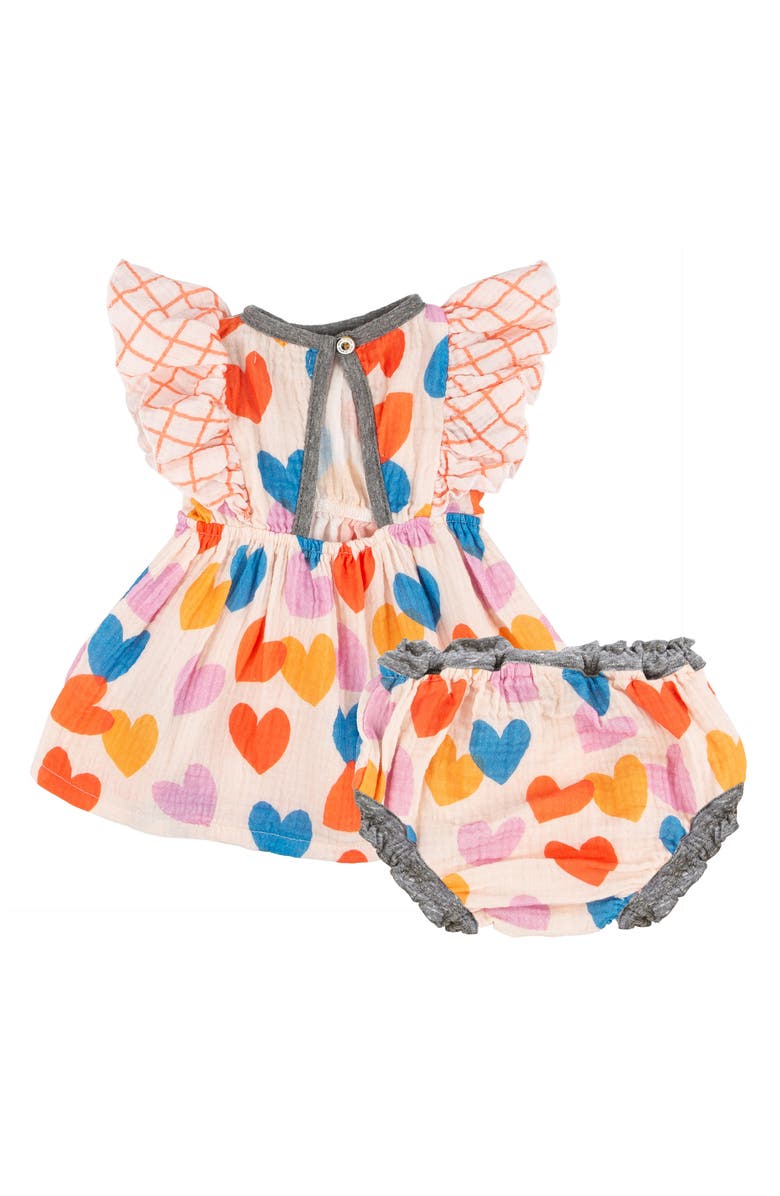 Miki Miette Heart Ruffle Short Sleeve Cotton Dress & Bloomers, Alternate, color, 