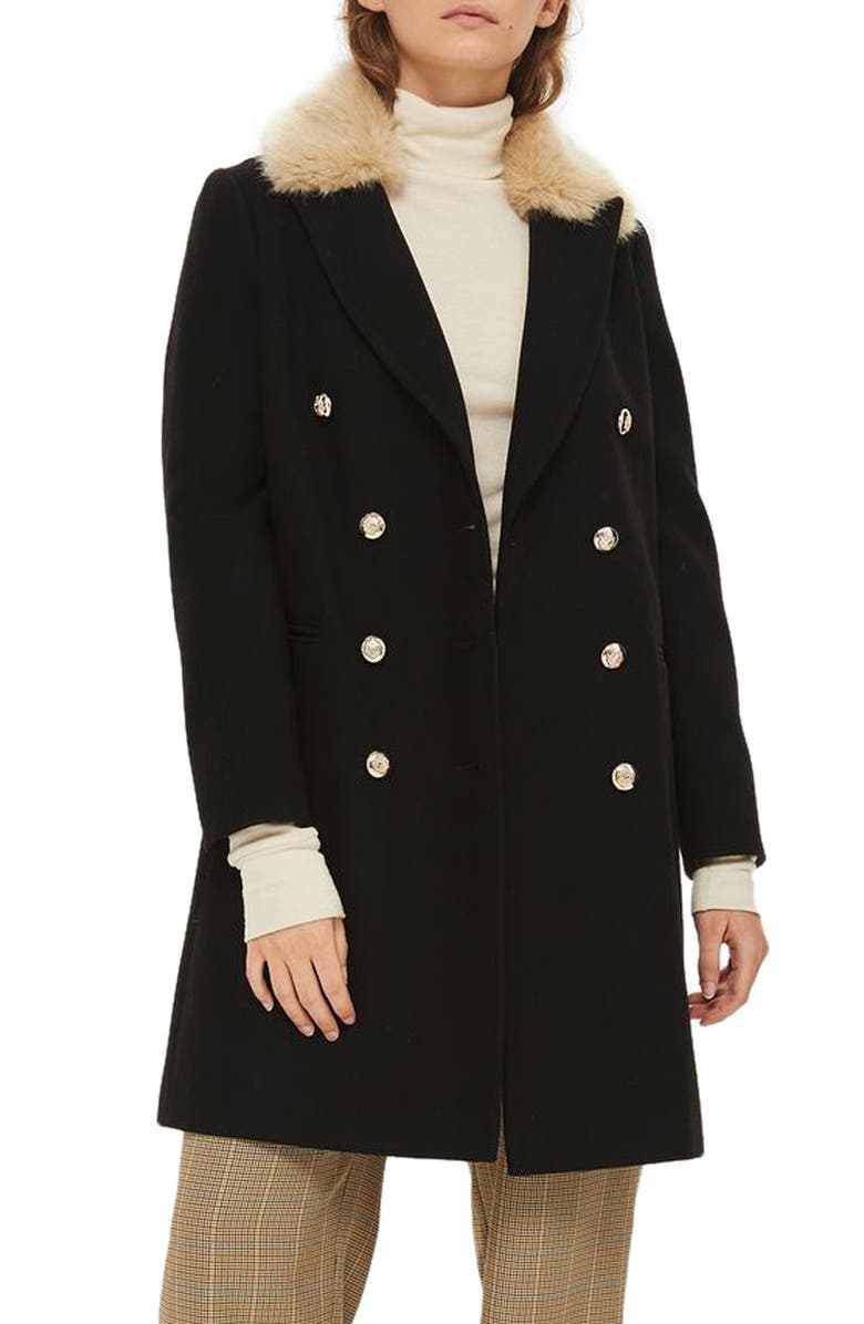 Topshop Nina Faux Fur Collar Double Breasted Coat, Main, color,