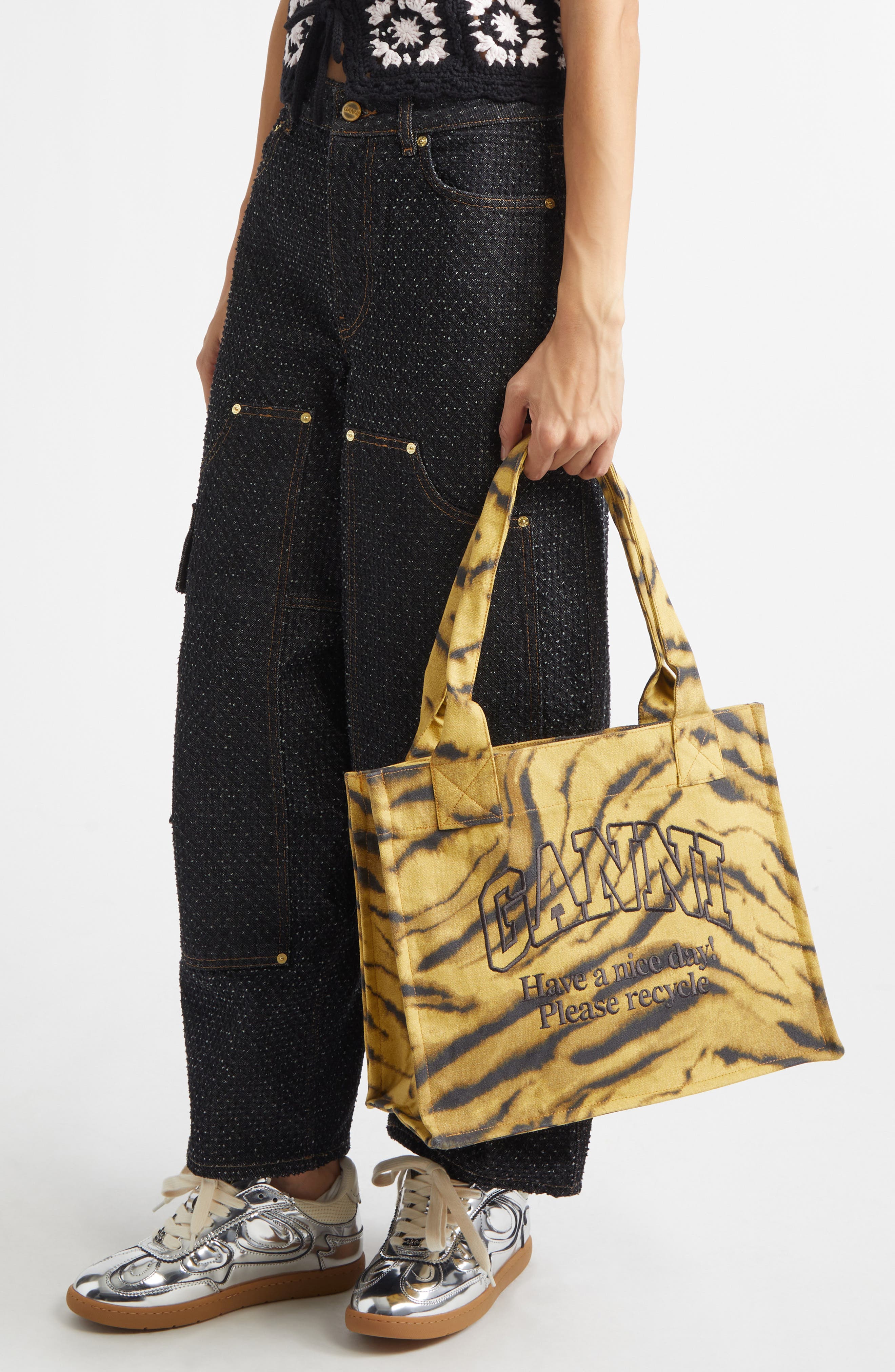 Ganni Large Zebra Print Shopper, Alternate, color, 