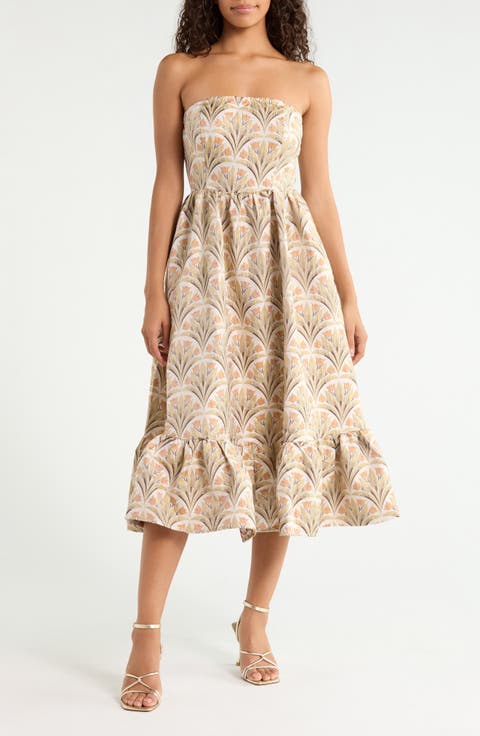 Aurra Floral Jacquard Tiered Strapless Midi Dress