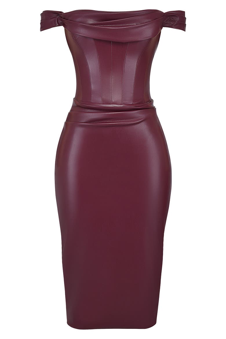 Raven Off the Shoulder Faux Leather Dress, Alternate, color, MULBERRY