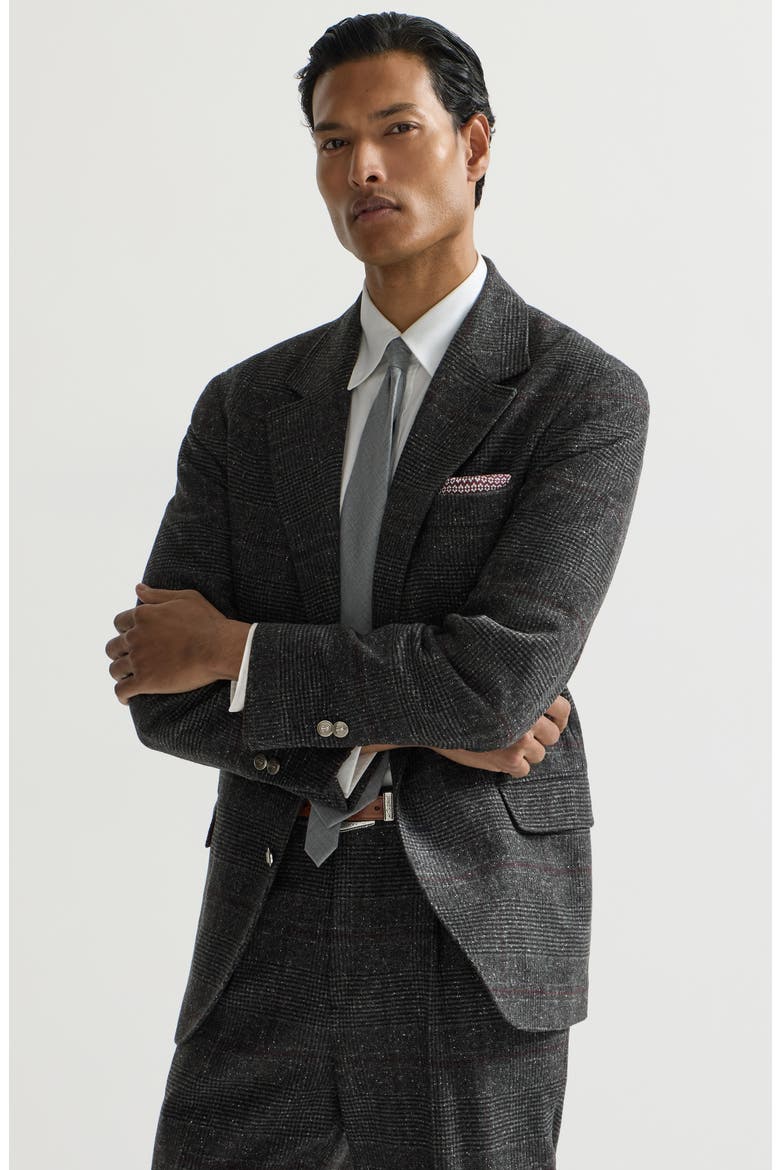 Silk, wool and cashmere Prince of Wales flannel deconstructed blazer, Alternate, color, Anthracite