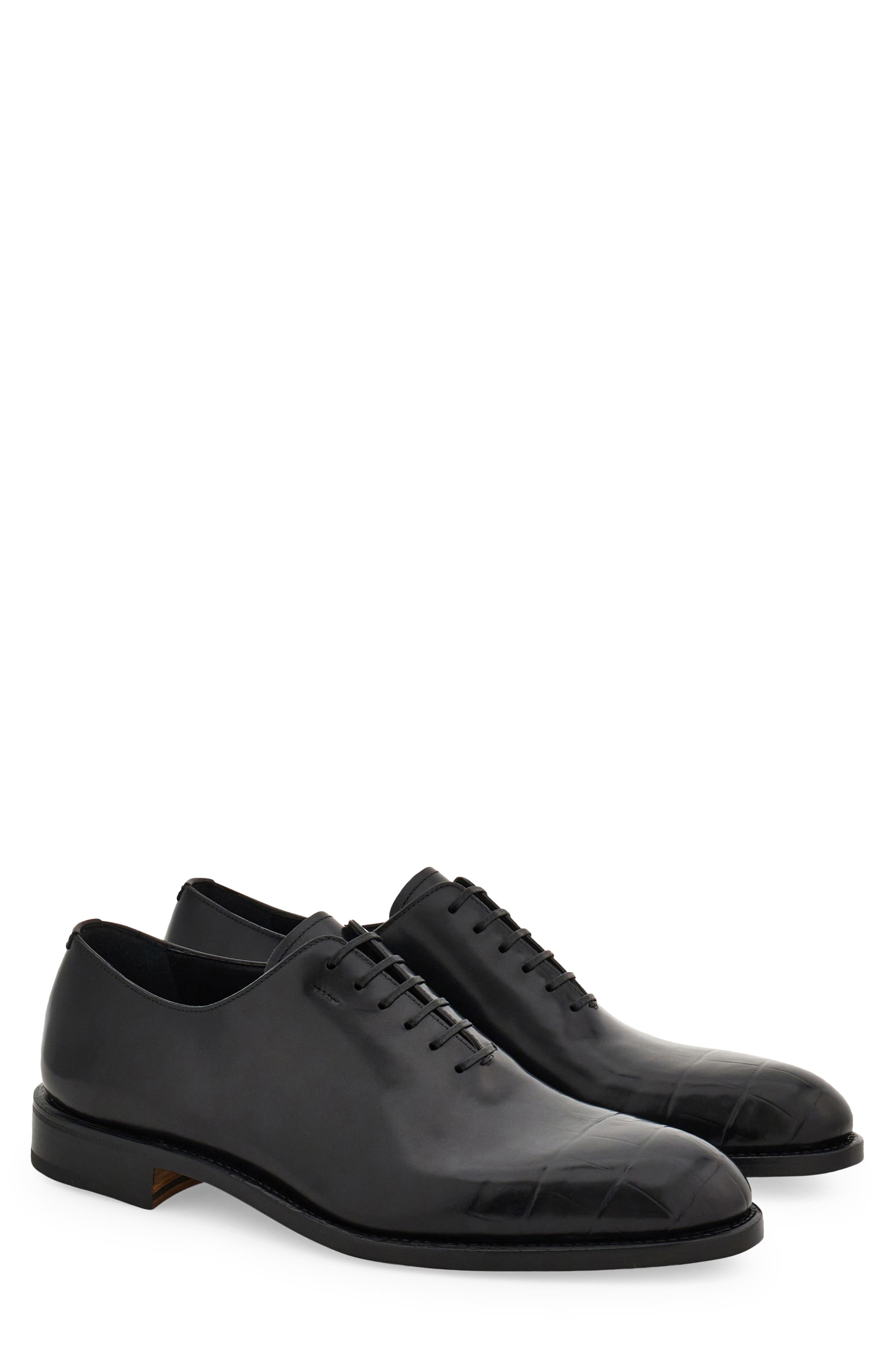 FERRAGAMO Angiolo Croc Embossed Wholecut Oxford, Main, color, Nero Nero Nero