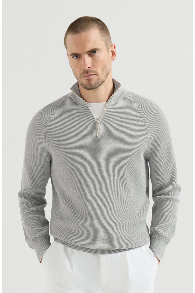 Cotton English rib sweater with half zip and raglan sleeves, Main, color, Light Grey