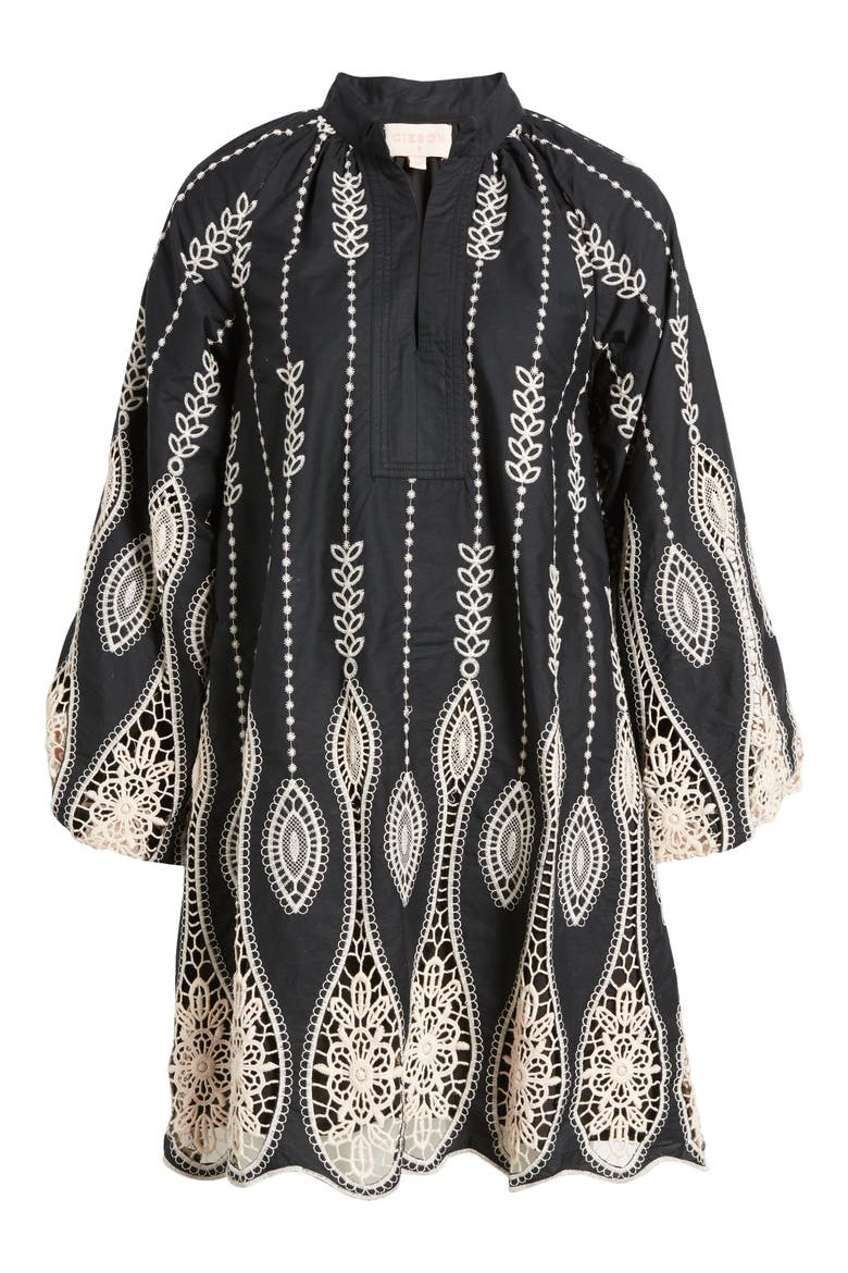 Dianna Embroidered Long Sleeve Cotton Shift Dress, Alternate, color, BLACK/CREAM