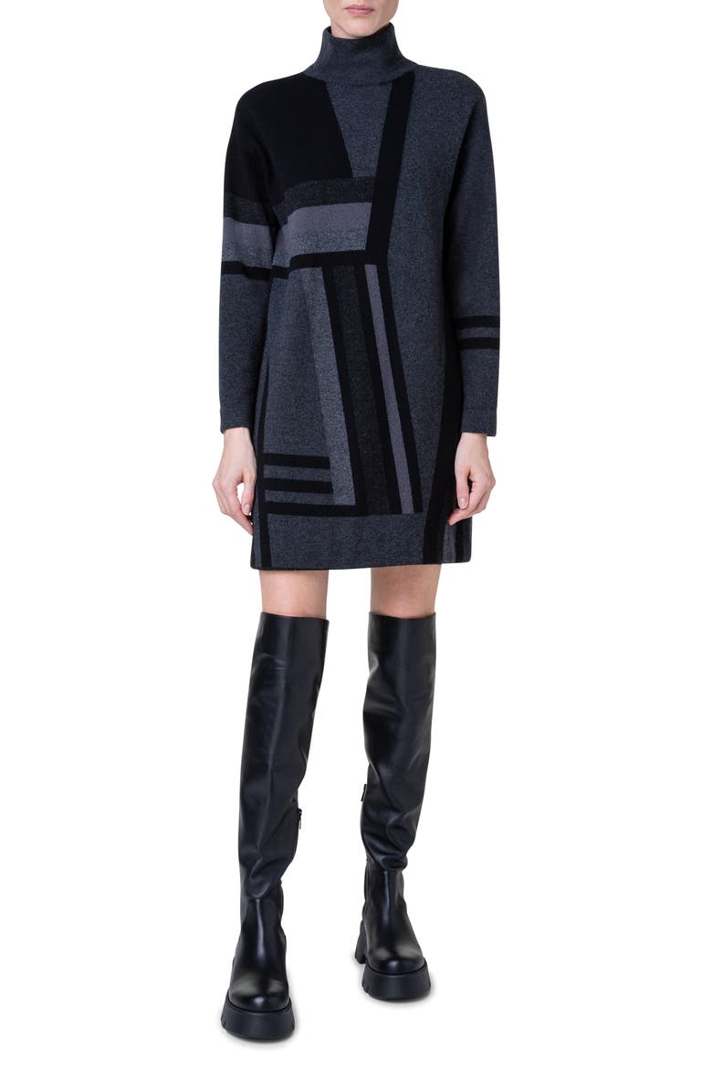 Abstract Print Long Sleeve Cashmere Sweater Dress, Main, color, 189 CHARCOAL-BLACK