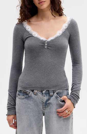 Diana Lace Trim Crop Rib Knit Henley
