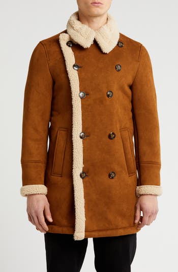 Faux Shearling Lined Double-Breasted Overcoat