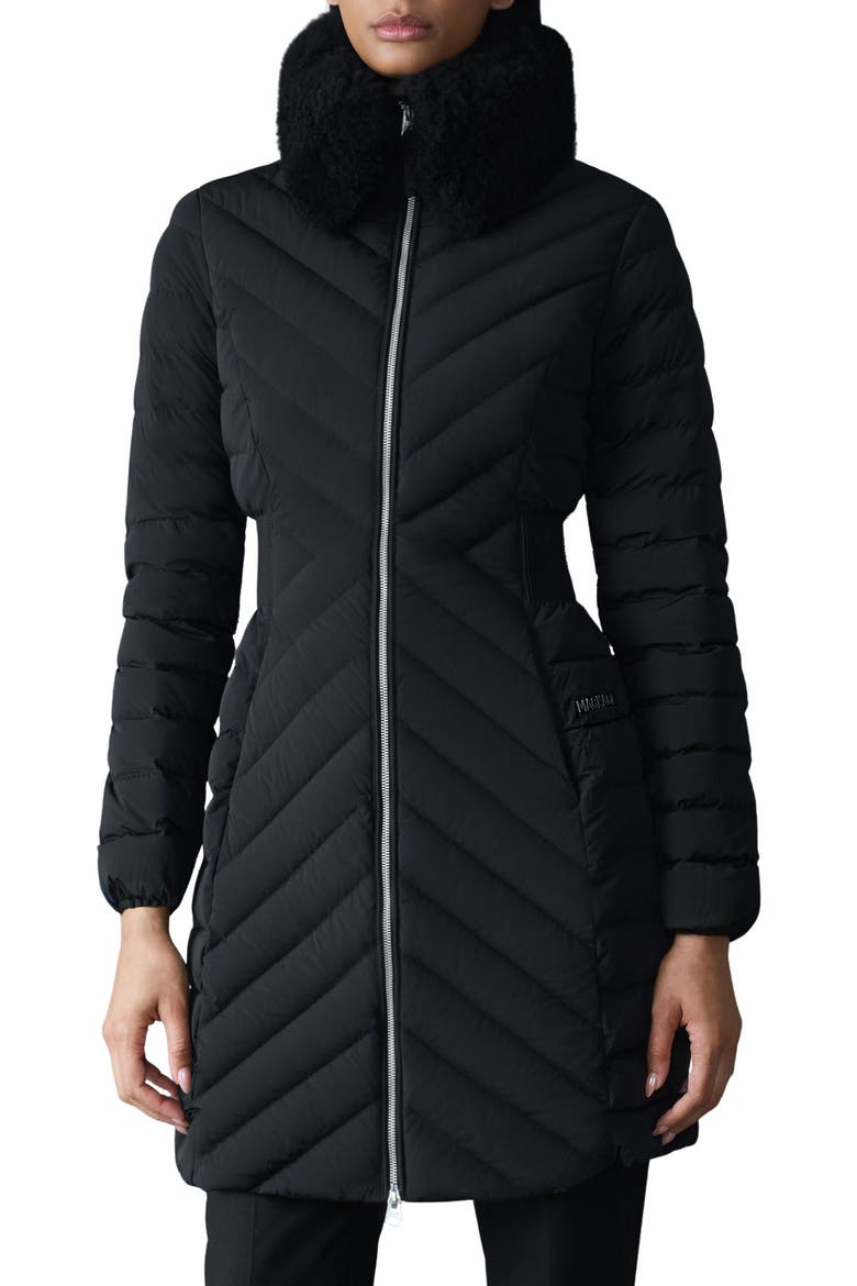 Water Repellent Chevron Quilted Down Coat with Removable Genuine Shearling Collar, Main, color, BLACK