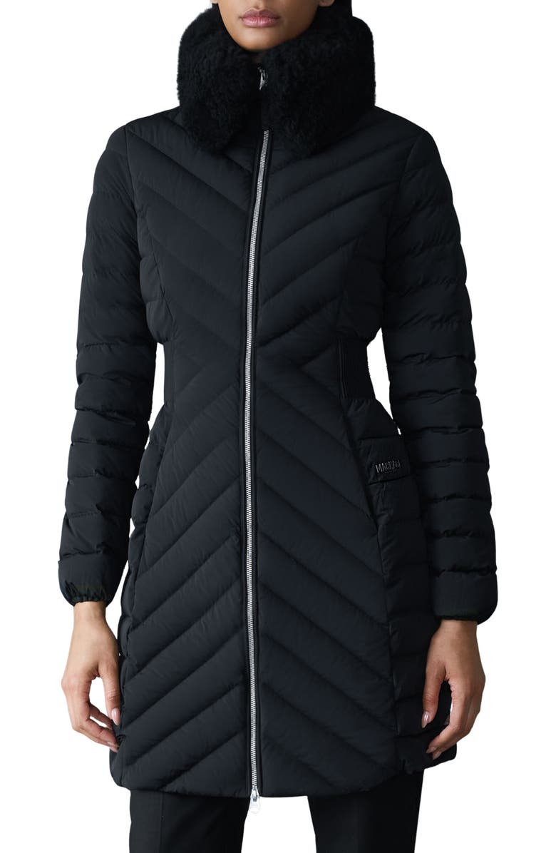 Mackage Water Repellent Chevron Quilted Down Coat with Removable Genuine Shearling Collar, Main, color, Black