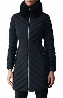 Water Repellent Chevron Quilted Down Coat with Removable Genuine Shearling Collar