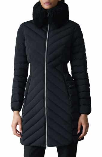 Water Repellent Chevron Quilted Down Coat with Removable Genuine Shearling Collar
