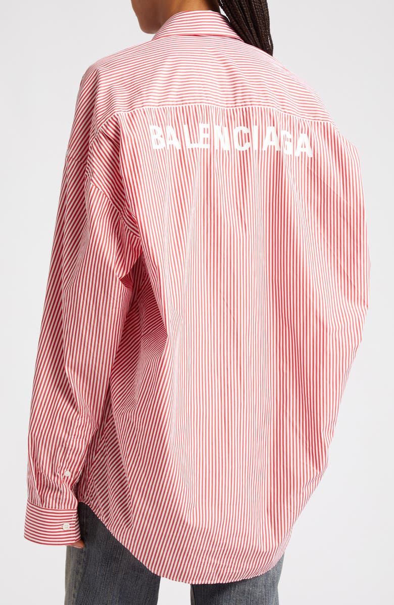 Balenciaga Oversize Logo Stripe Cotton Button-Up Cocoon Shirt, Alternate, color, 