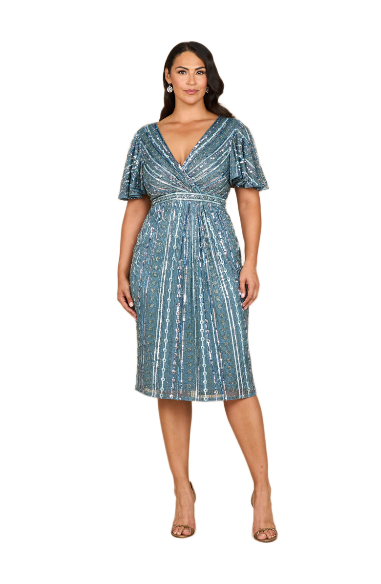 LARA New York Beaded Midi Dress with Flutter Sleeves, Main, color, Slate