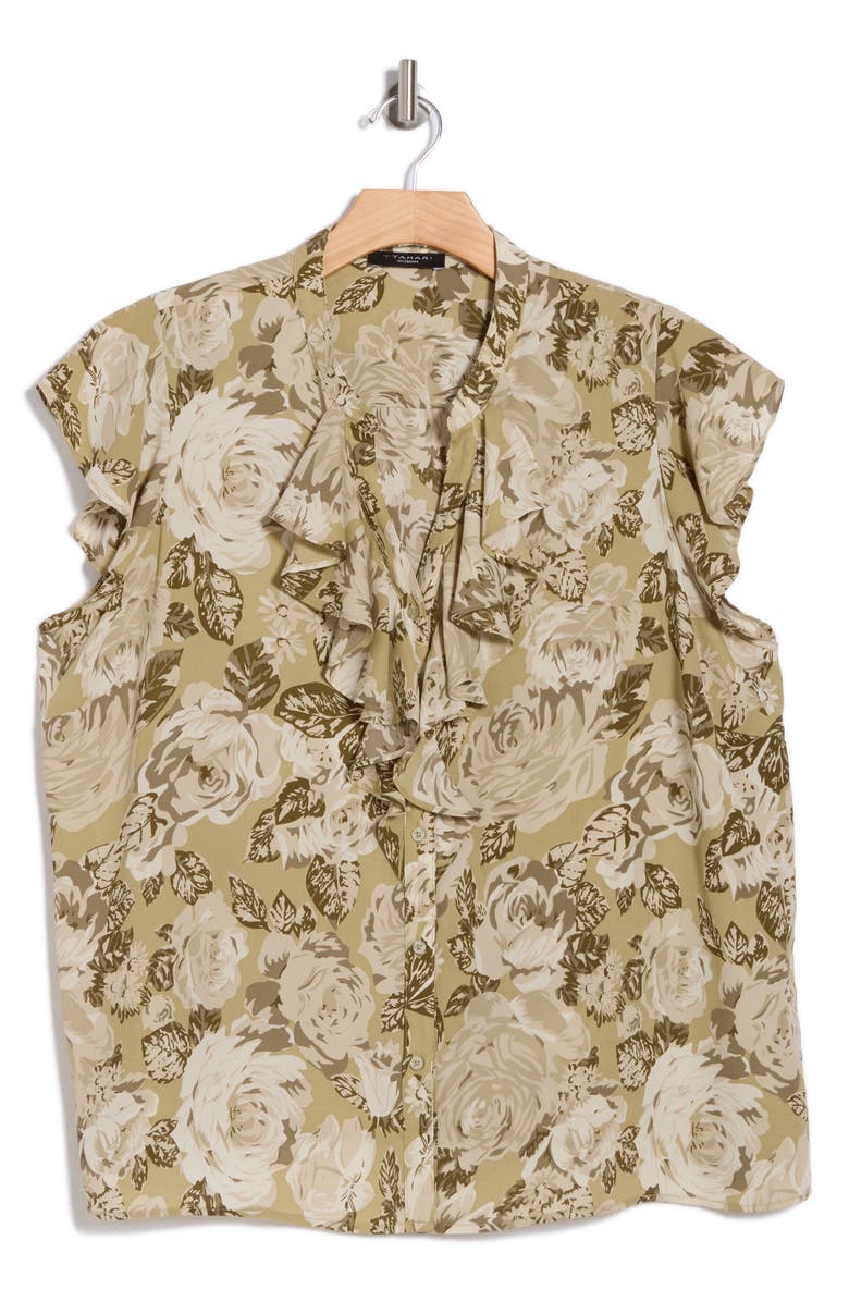 T Tahari Ruffle Cap Sleeve Button-Up Top, Alternate, color, Green Leaf Print