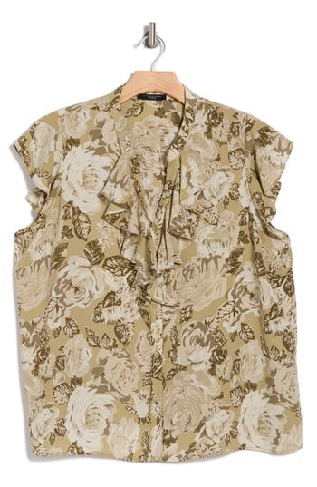 T Tahari Ruffle Cap Sleeve Button-up Top In Green Leaf Print