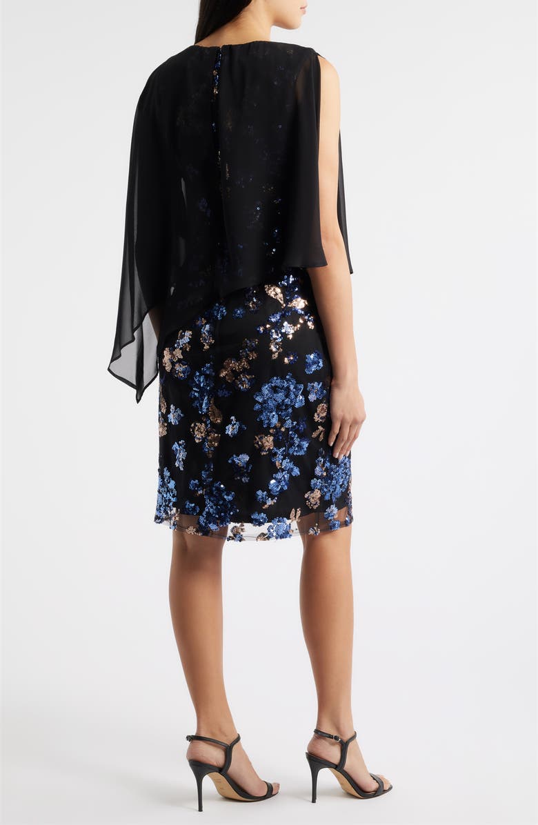 SL FASHIONS Chiffon Capelet Floral Sequin Cocktail Dress, Alternate, color, Blue Black
