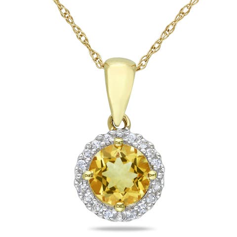 Gemstone & Diamond Halo Necklace 10K