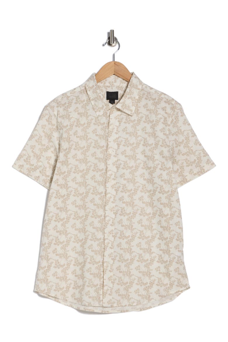 Floral Print Short Sleeve Linen & Cotton Button-Up Shirt, Alternate, color, WHITE SCROLLING FLEUR