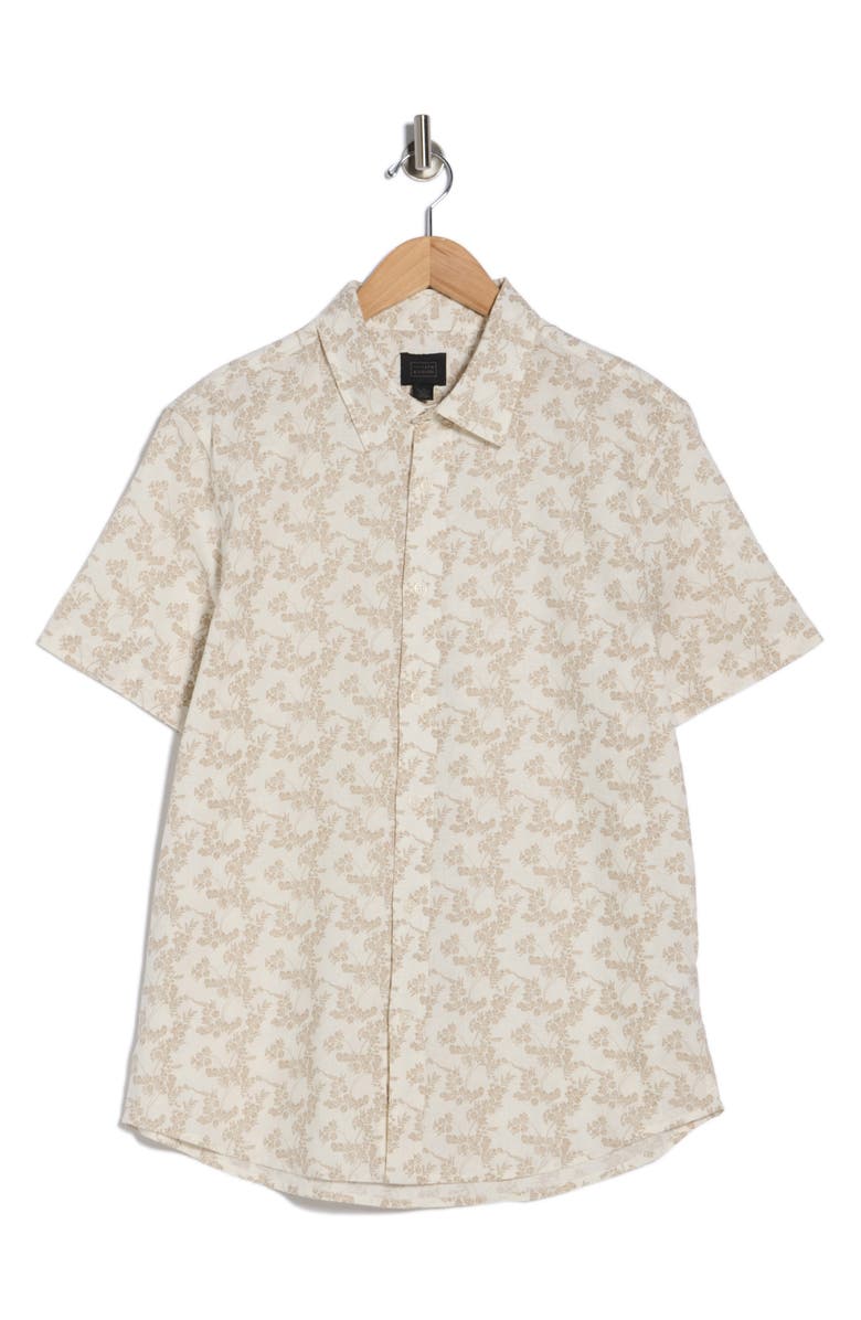 14th & Union Floral Print Short Sleeve Linen & Cotton Button-Up Shirt, Alternate, color, White Scrolling Fleur