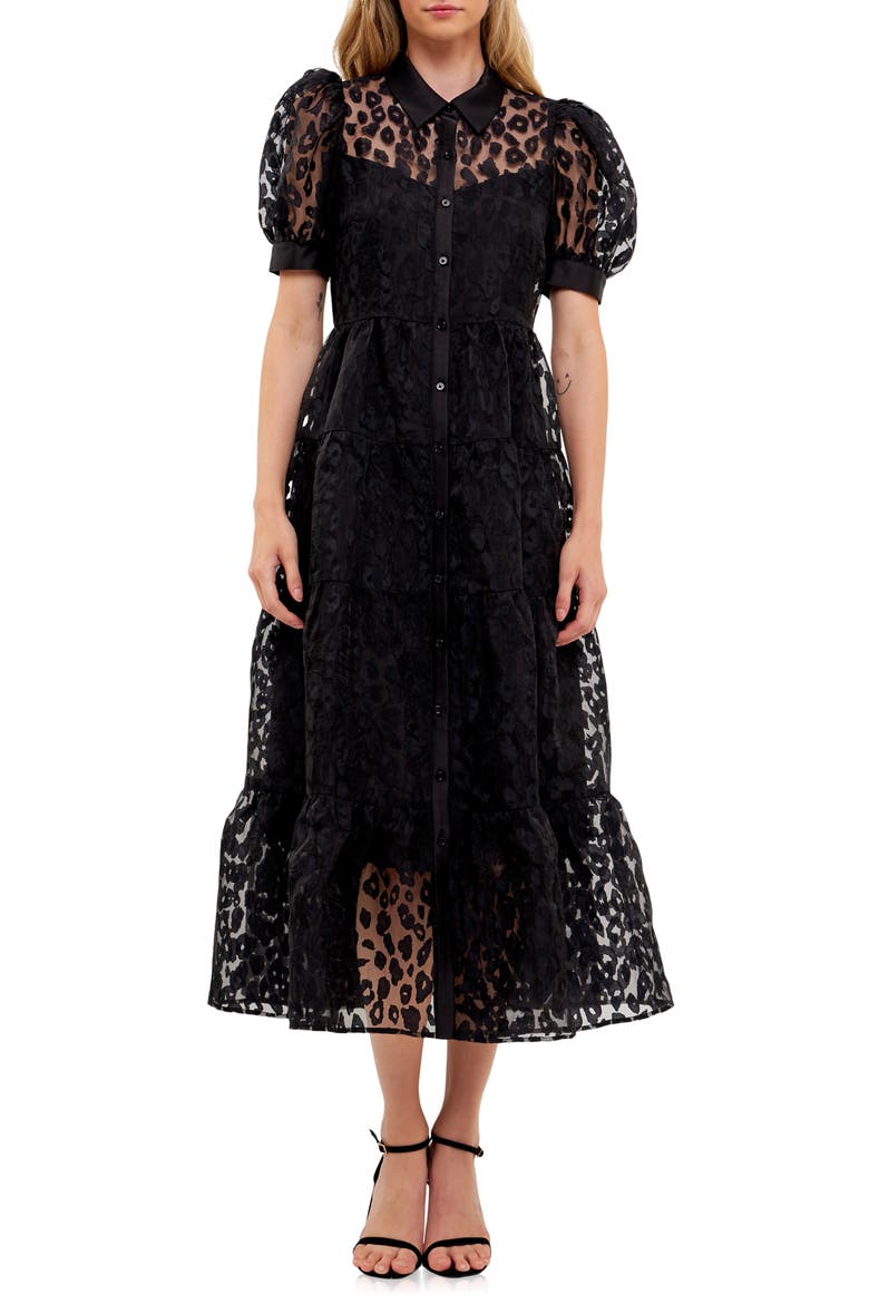 Leopard Burnout Jacquard Button-Up Dress, Main, color, BLACK