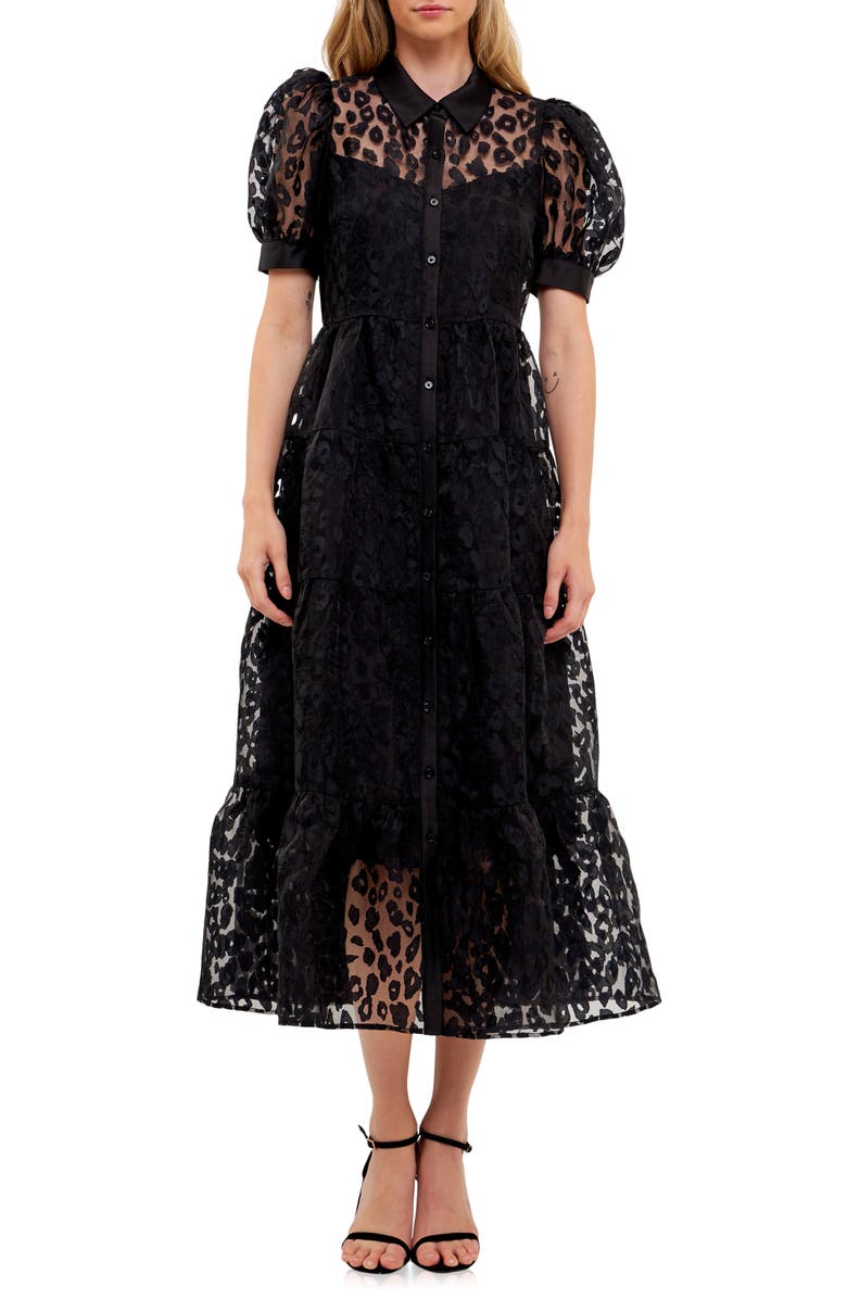 English Factory Leopard Burnout Jacquard Button-Up Dress, Main, color,