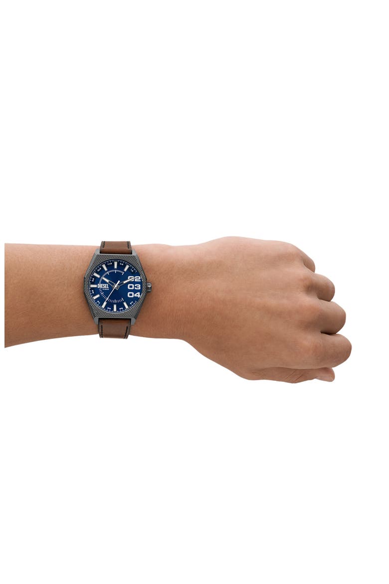 Scraper Leather Strap Watch, 43mm, Alternate, color, BLUE/ GUNMETAL