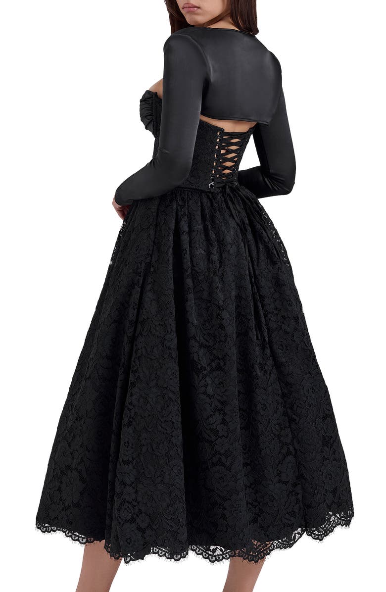 HOUSE OF CB Duchess Corset Lace Fit & Flare Midi Dress with Bolero, Alternate, color, Black