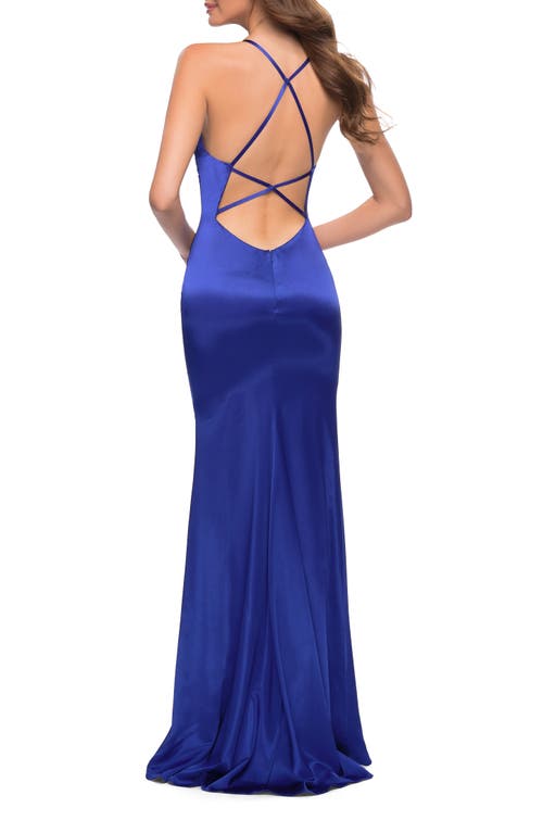 La Femme Chic Stretch Satin Gown With Scoop Neck And Open Back
