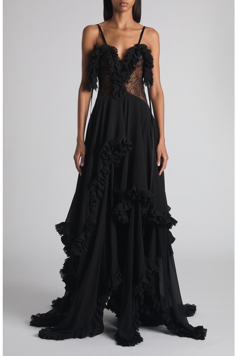 Tiered Ruffle Silk Georgette Gown, Main, color, BLACK