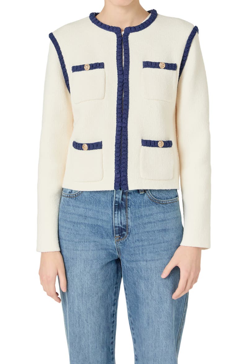 Braided Trim Knit Jacket, Main, color, CREAM/ BLACK