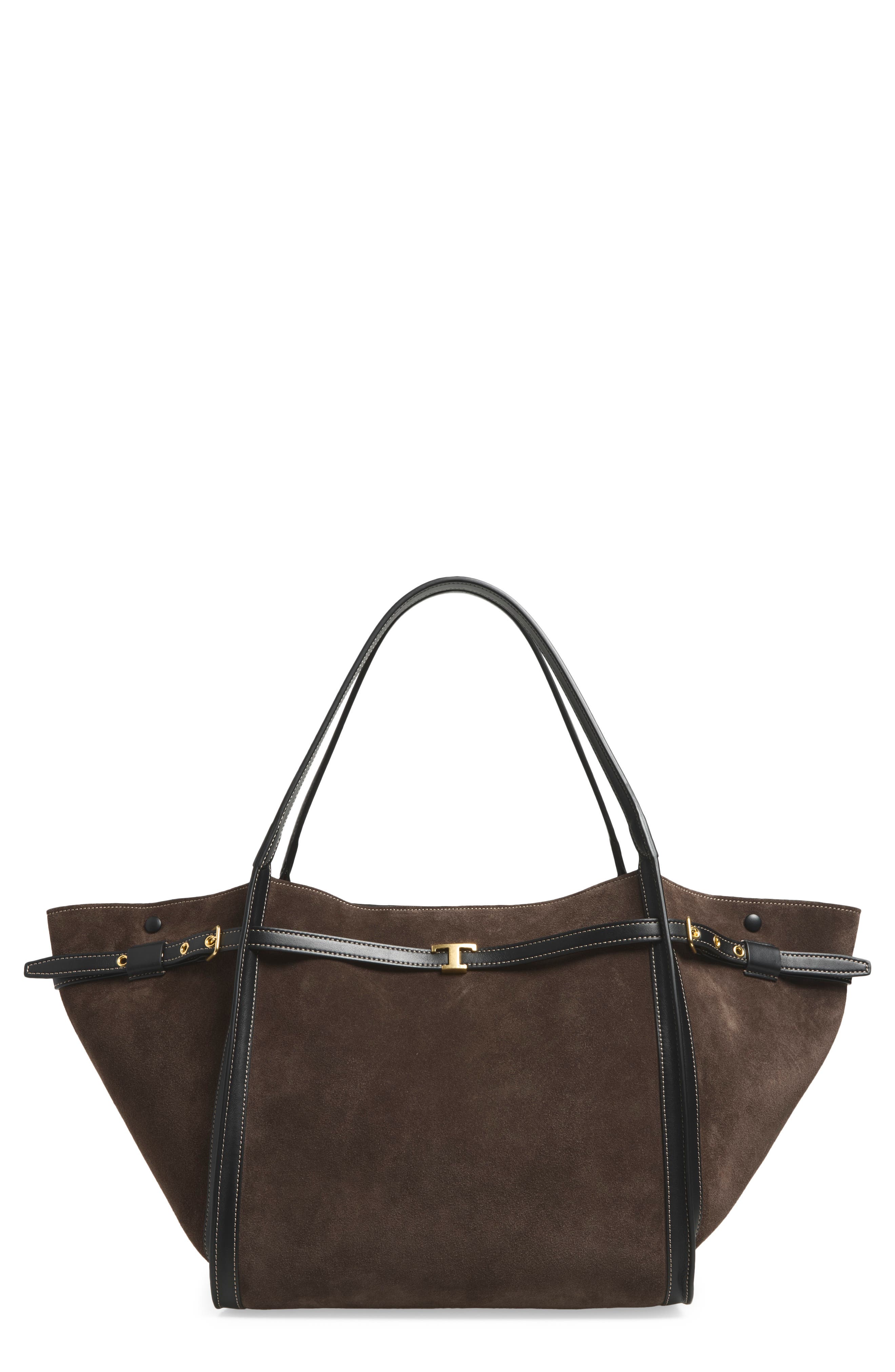 Medium T Signature Suede Shopping Bag, Main, color, PALISSANDRO/ NERO