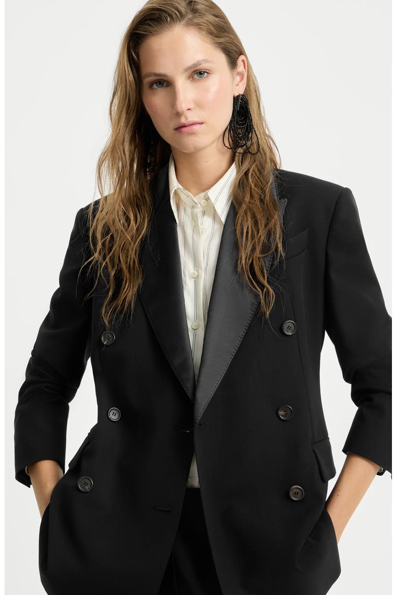 Viscose and virgin wool tuxedo jacket with monili, Alternate, color, Black
