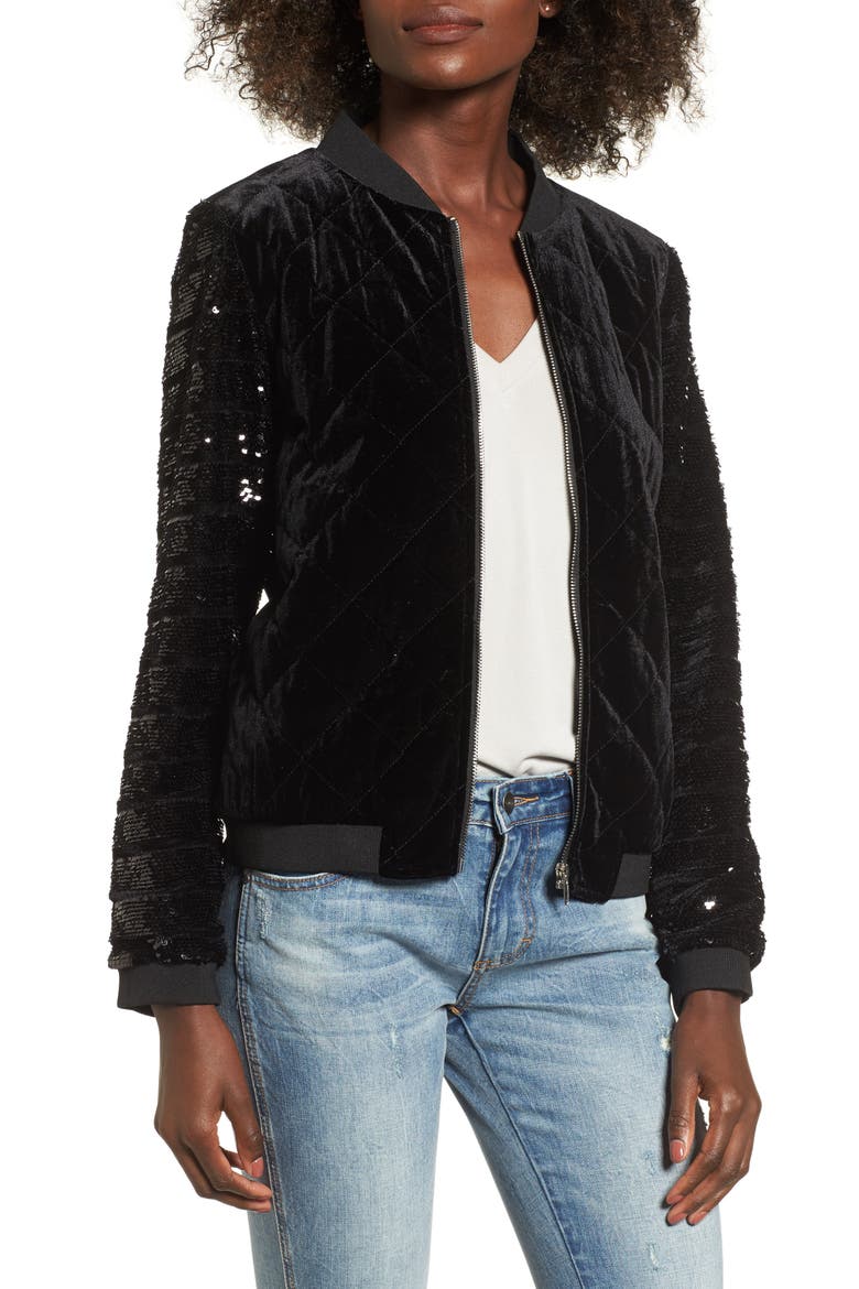 Quilted Sequin & Velvet Bomber, Main, color, BLACK