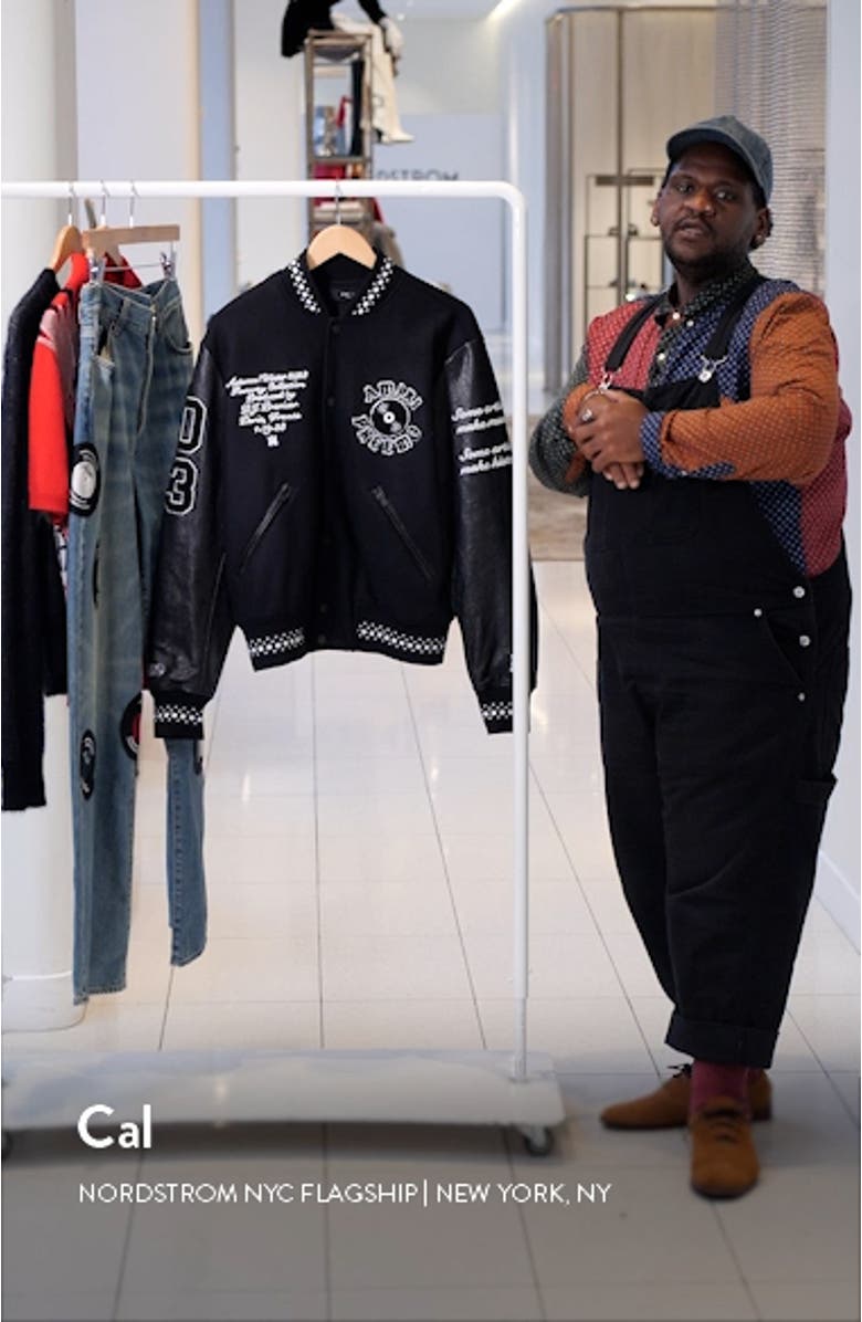 x Premier Records Patch Leather Sleeve Wool Blend Varsity Jacket, sales video thumbnail