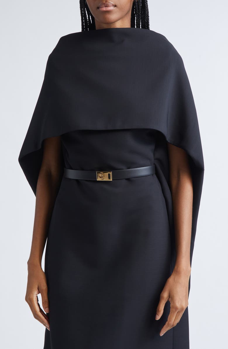 FERRAGAMO Belted Faille Cape Dress, Alternate, color, Nero