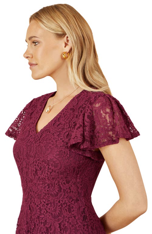 Yumi Short Sleeve Lace Midi Skater Dress In Burgundy
