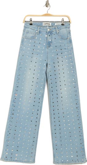 Rhinestone Embellished High Waist Ultrawide Leg Jeans