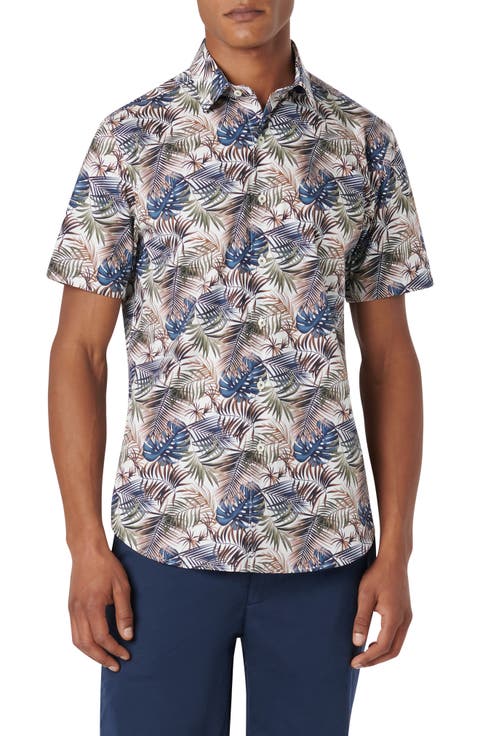 Orson Shaped Fit Frond Print Stretch Cotton Camp Shirt