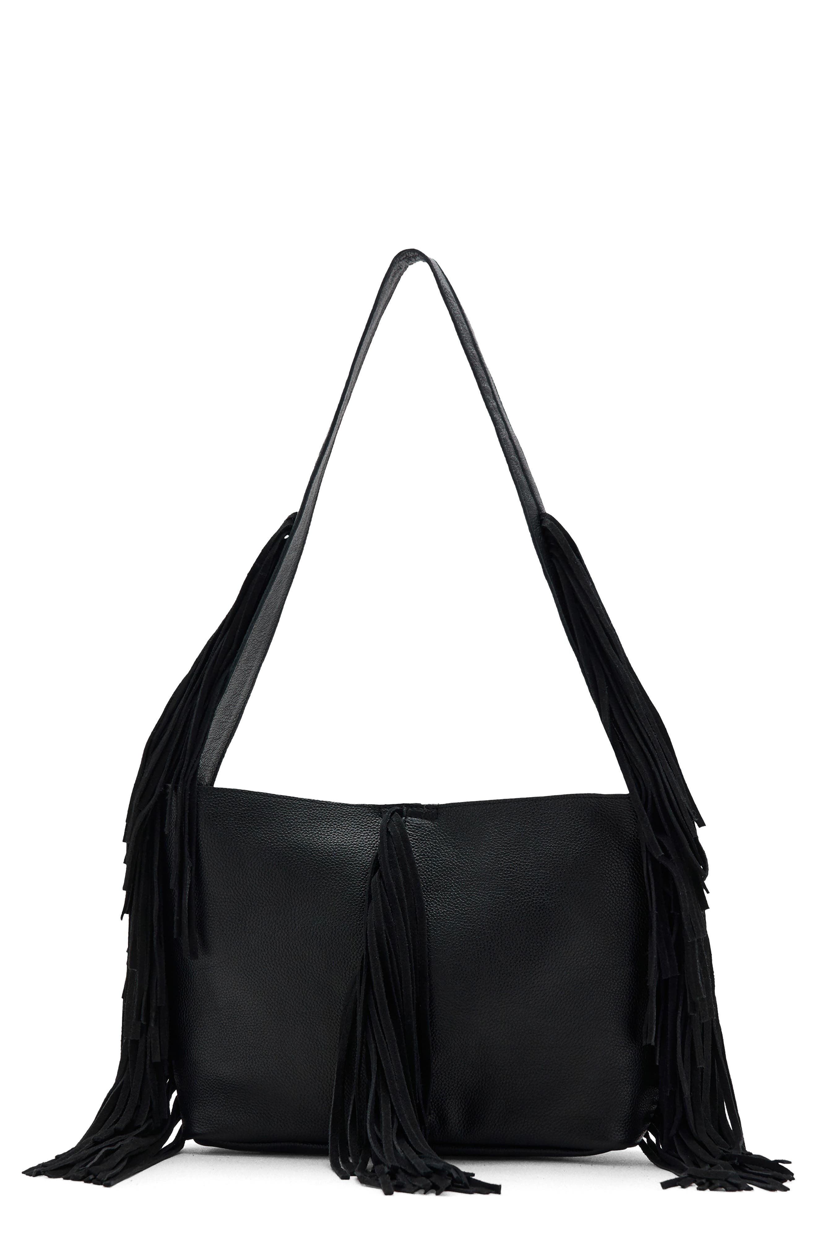 MANGO TEEN Fringe Leather Shoulder Bag, Main, color, Black