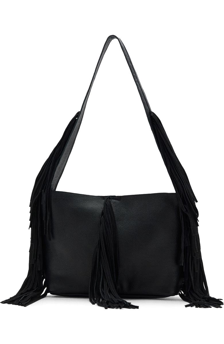 MANGO TEEN Fringe Leather Shoulder Bag, Main, color, Black