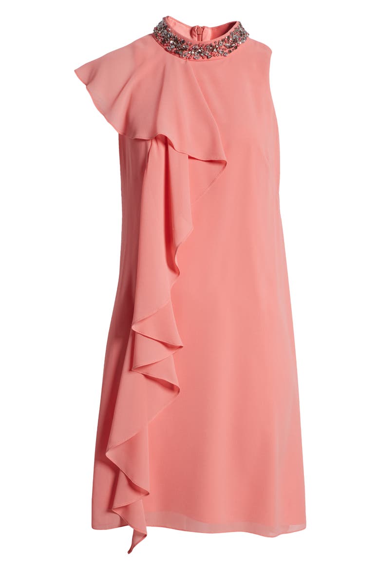 Beaded Ruffle Sleeveless Dress, Alternate, color, GUAVA
