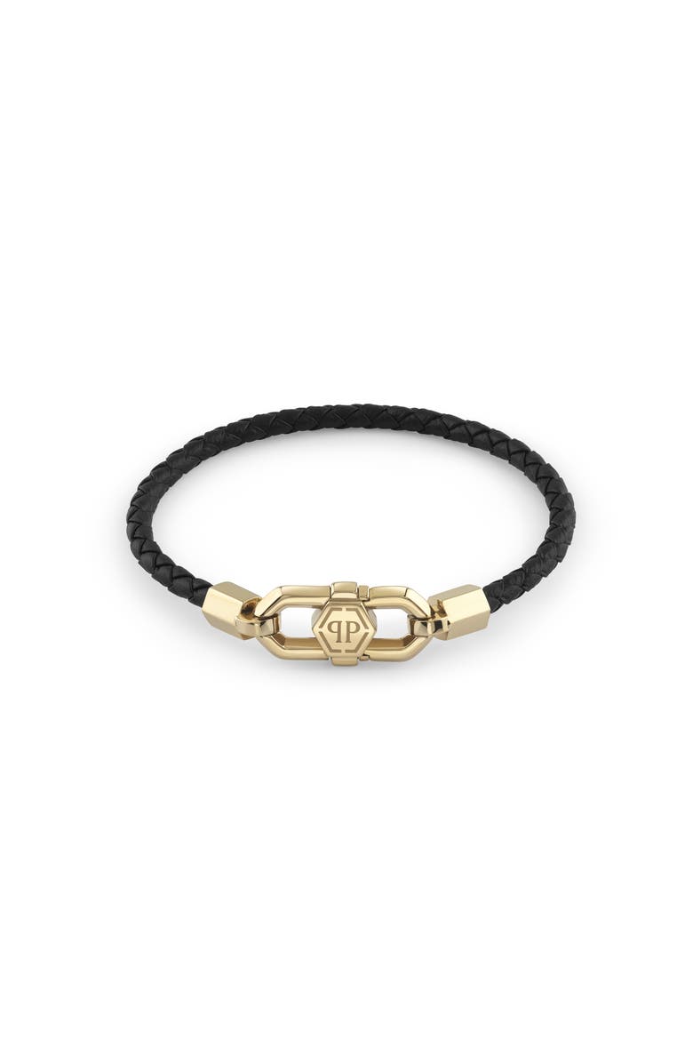 Yellow Gold Leather Bracelet Plein Edge Men, Main, color, black/lightgold