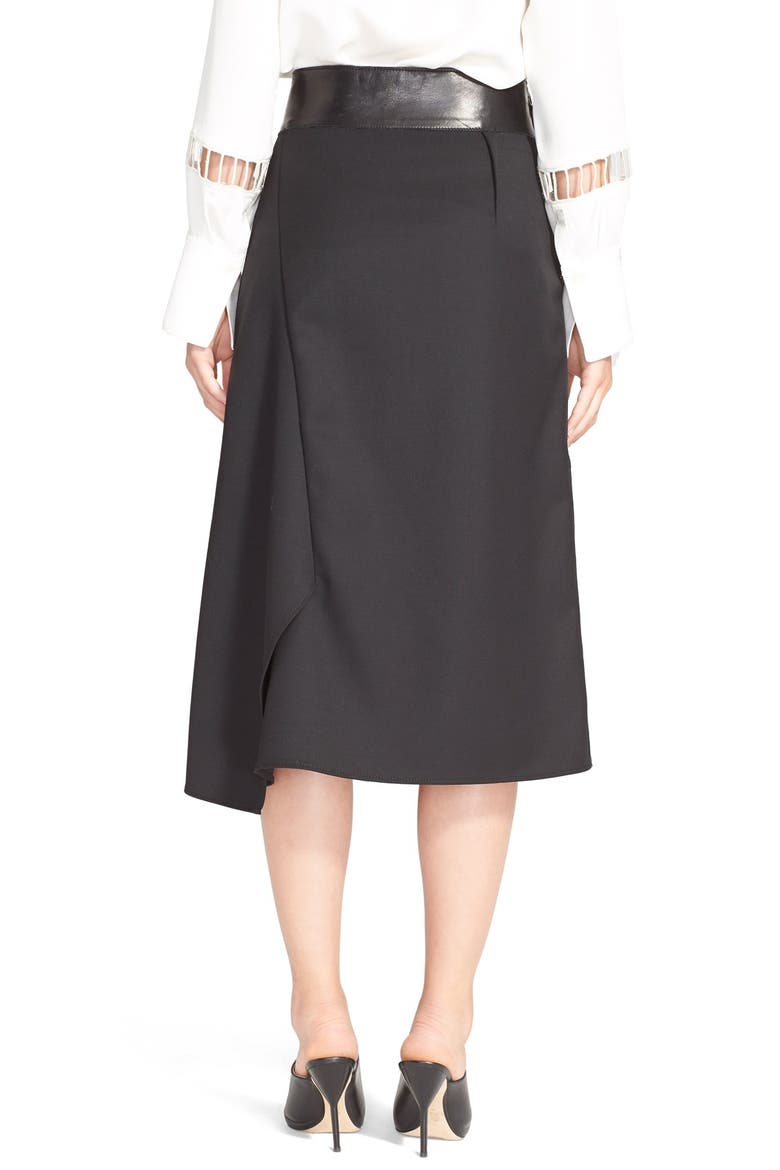Leather Contrast Asymmetrical Wool Twill Skirt, Alternate, color, BLACK