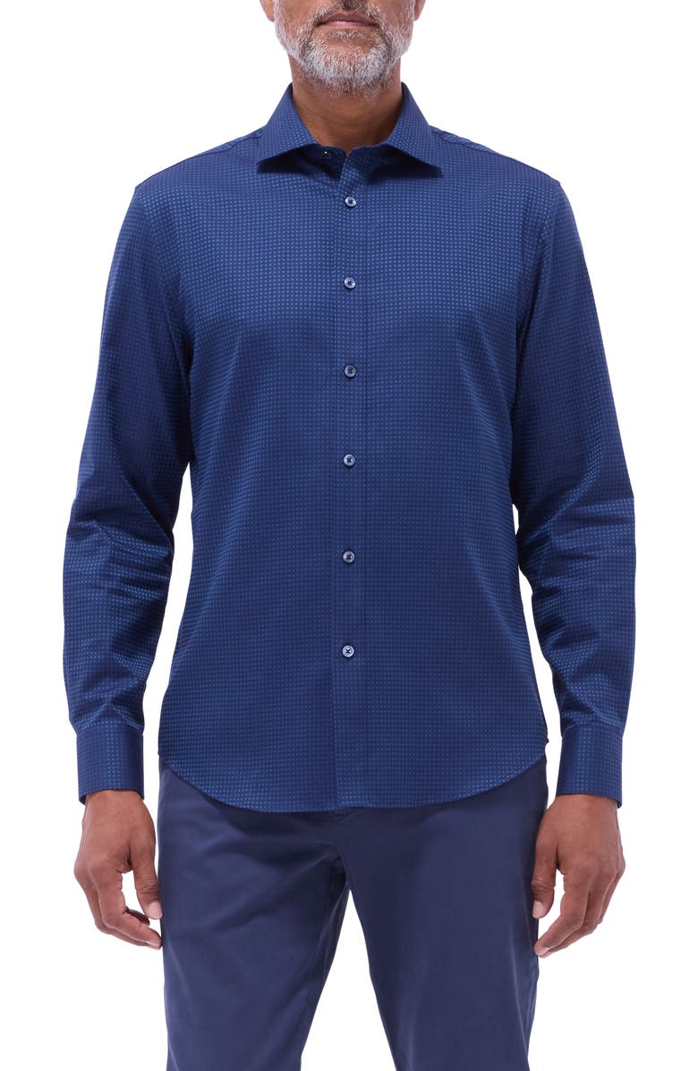 Bugatchi Axel Shaped Fit Jacquard Button-Up Shirt, Main, color, Indigo