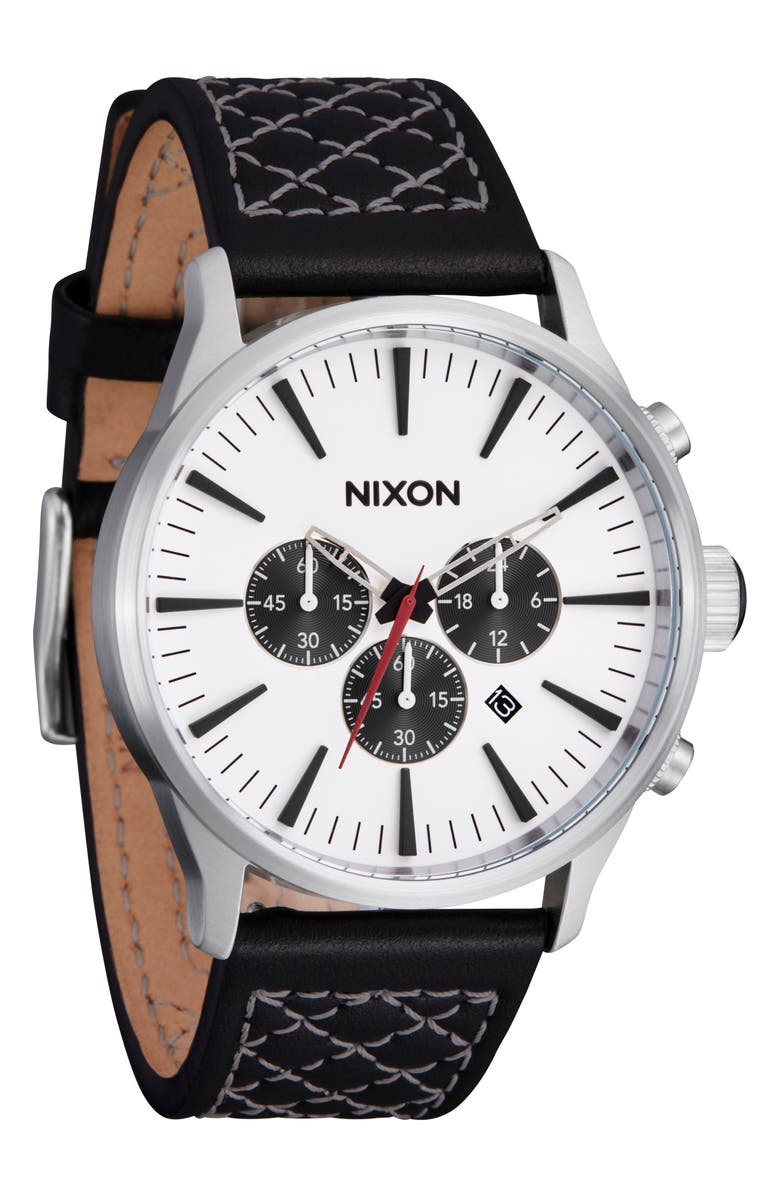 Nixon Sentry Chronograph Leather Strap Watch, 42mm, Main, color, Chrome / Cloud Sunray / Black
