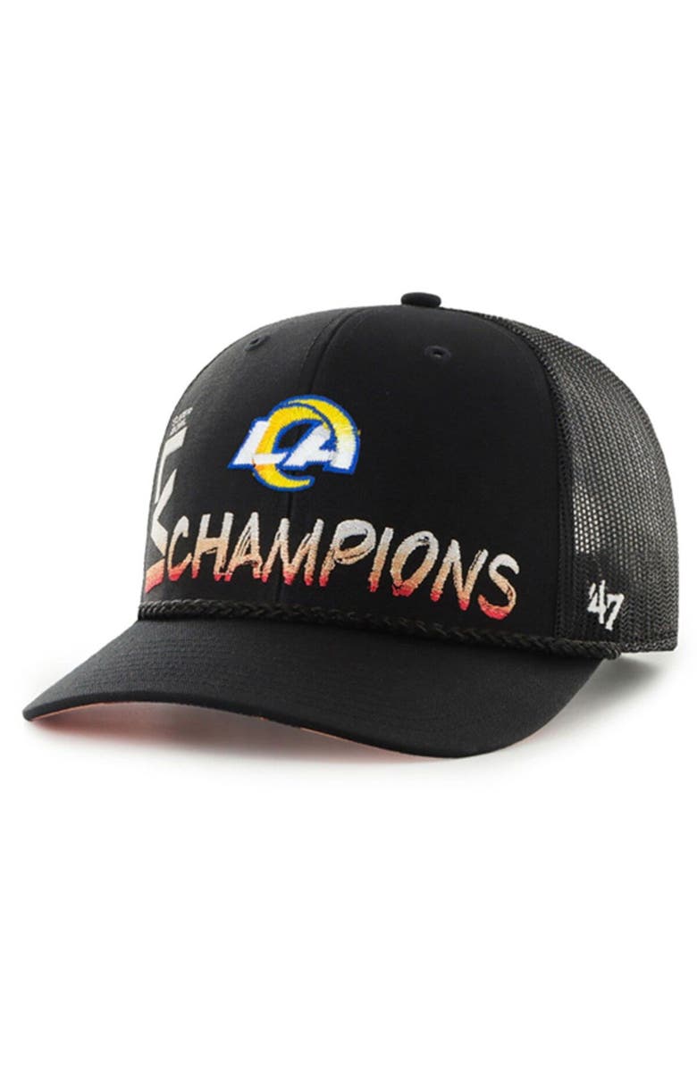 '47 Men's '47 Black Los Angeles Rams Super Bowl LVI Champions Sunset Trucker Adjustable Hat, Main, color,