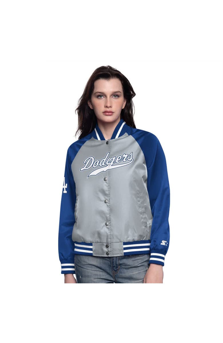 STARTER Women's Starter Gray/Royal Los Angeles Dodgers Home Run Full-Snap Varsity Jacket, Main, color, 
